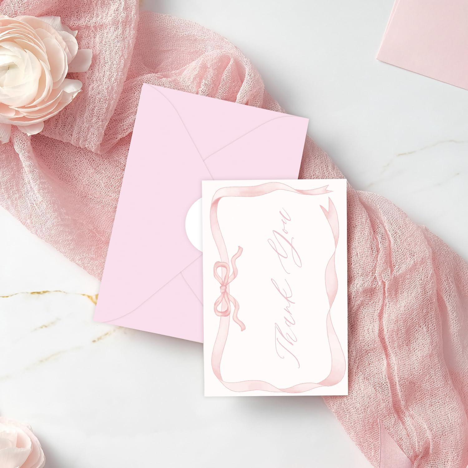 Quera 24 Pack Pink Bow Thank You Cards Coquette Bow Greeting Cards with Envelopes Stickers Watercolor Greeting Cards Pink Blank Note Cards for Wedding Bridal Baby Shower Birthday, 4 x 6 Inch - Image 5