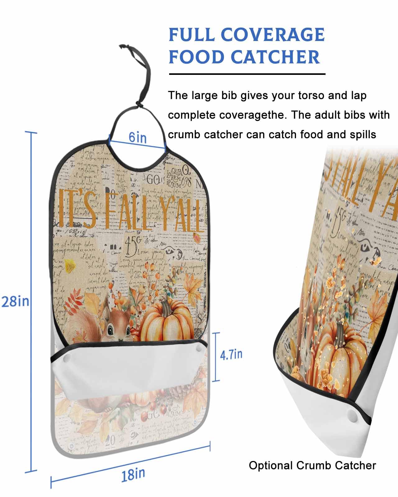 LEOKOTI Fall Squirrel Pumpkins Adult Bibs for Eating, Waterproof Bibs with Food Catcher & Adjustable Snap Closure, Retro Maple Leaf Thanksgiving Washable Clothing Protectors Adult Bibs for Elderly