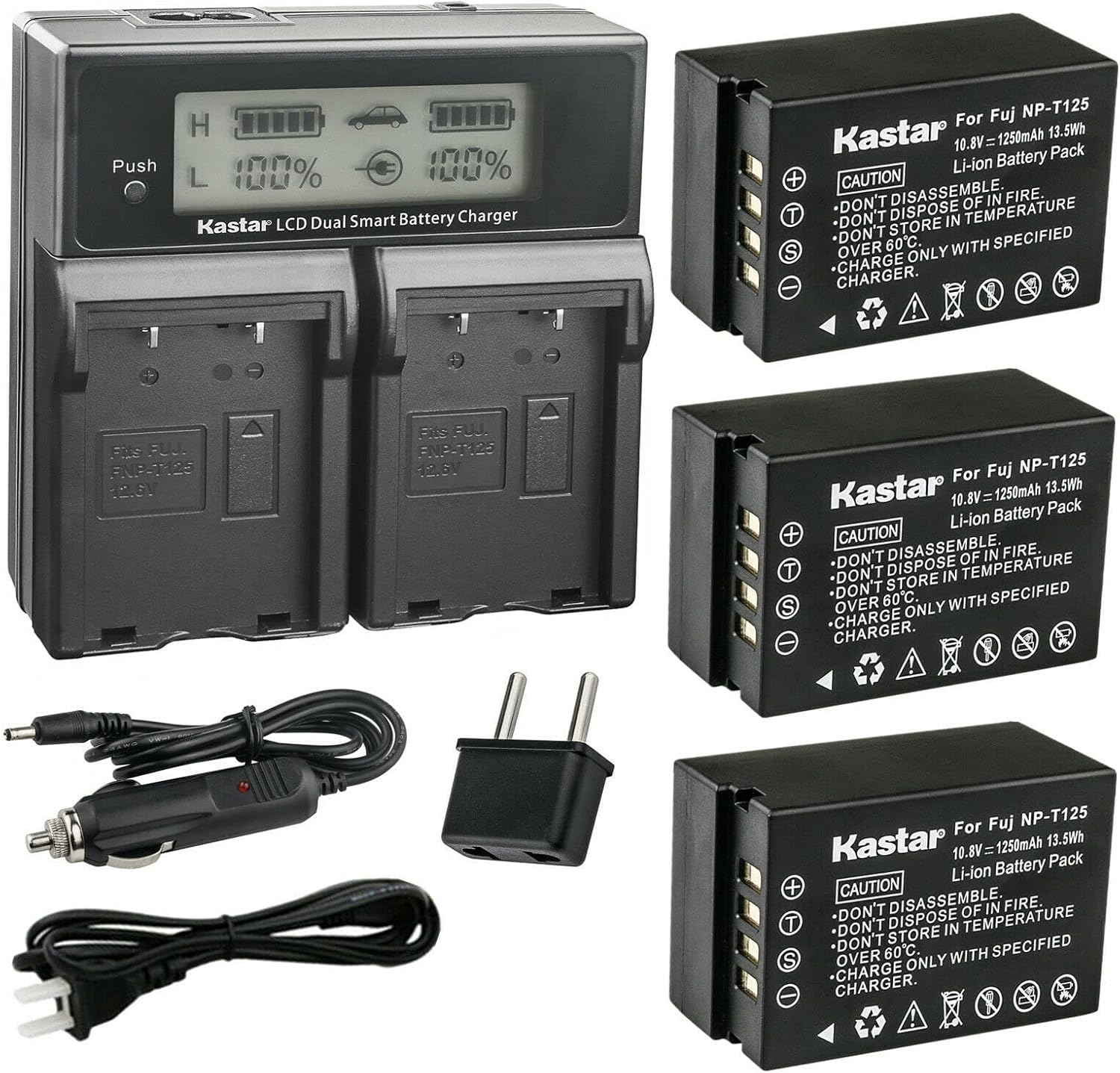 Kastar AC LCD Dual Fast Charger Compatible with Fujifilm NP-T125 NPT125 Battery, BC-T125 Charger, Fujifilm GFX 50S GFX50S GFX 50R GFX50R GFX 100 GFX100 Camera, Fujifilm VG-GFX1 Grip