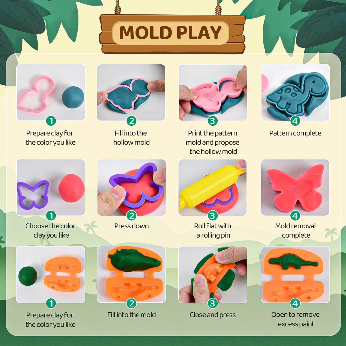 Dinosaur Toys Kids Dough Playset, 55PCS Dino Toys Kit with Molds & Clay, Make Dinosaurs or Create Your Own Models, Storage Case with Light & Sound, Gift for Boys & Girls Ages 3-8