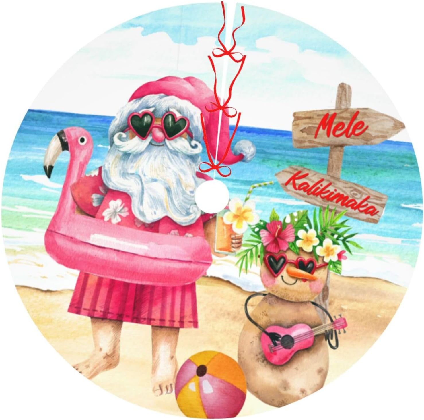 Mele Kalikimaka Hawaii Christmas Xmas Beach Santa Claus Snowman 36 Inch Christmas Tree Skirt Carpet Mat Funny Party Soft Cover Mat Decor Supplies for Xmas Halloween Decorations Occasion Farmhouse