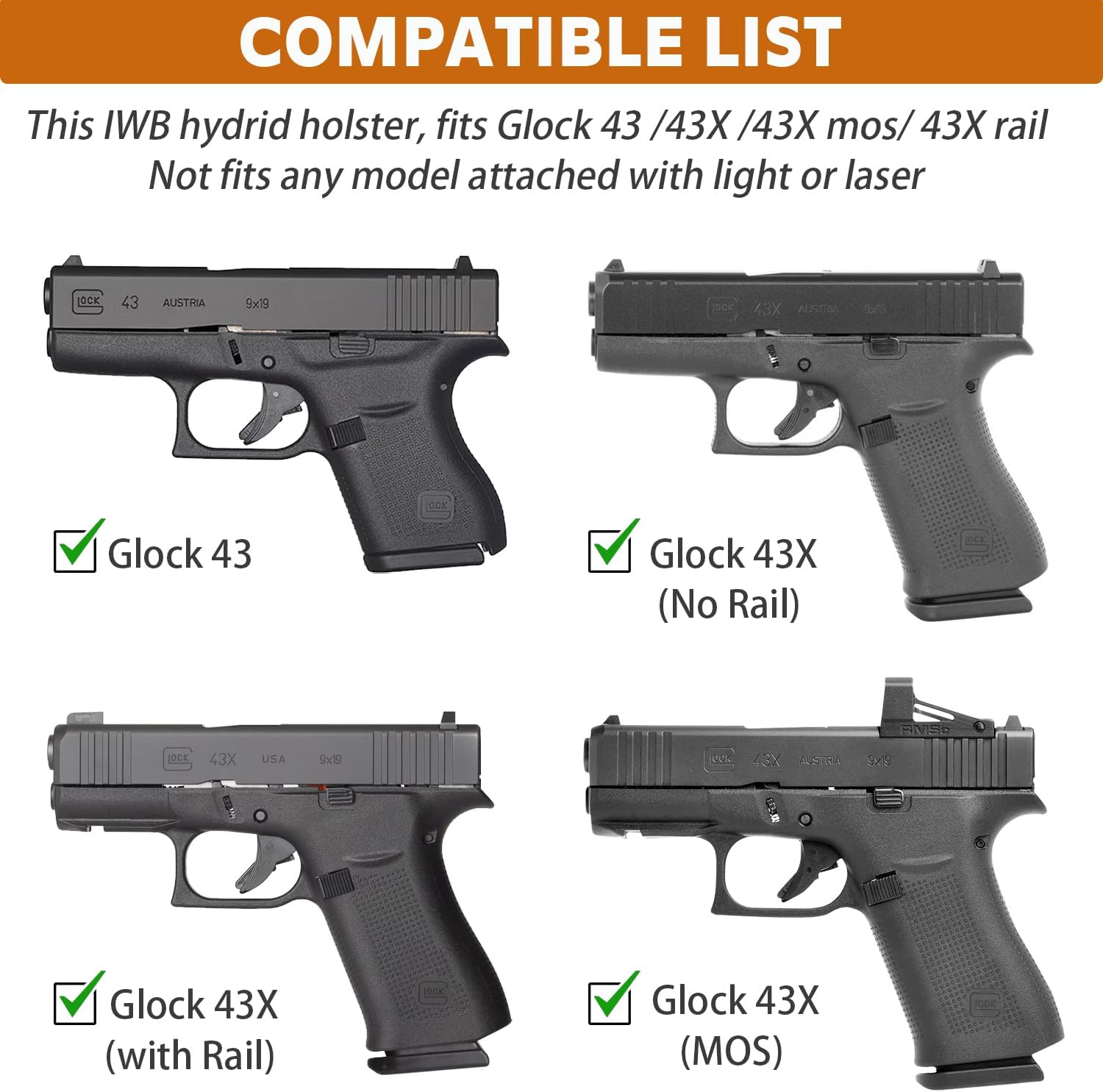 WARRIORLAND IWB Kydex Holster for Glock 43X / G43X MOS / G43 – Inside Waistband Appendix Carry | w/Claw & Optic Cut, Adj. Retention & Cant | Right/Left Hand & Light-Bearing (TLR-7 X Sub) Available