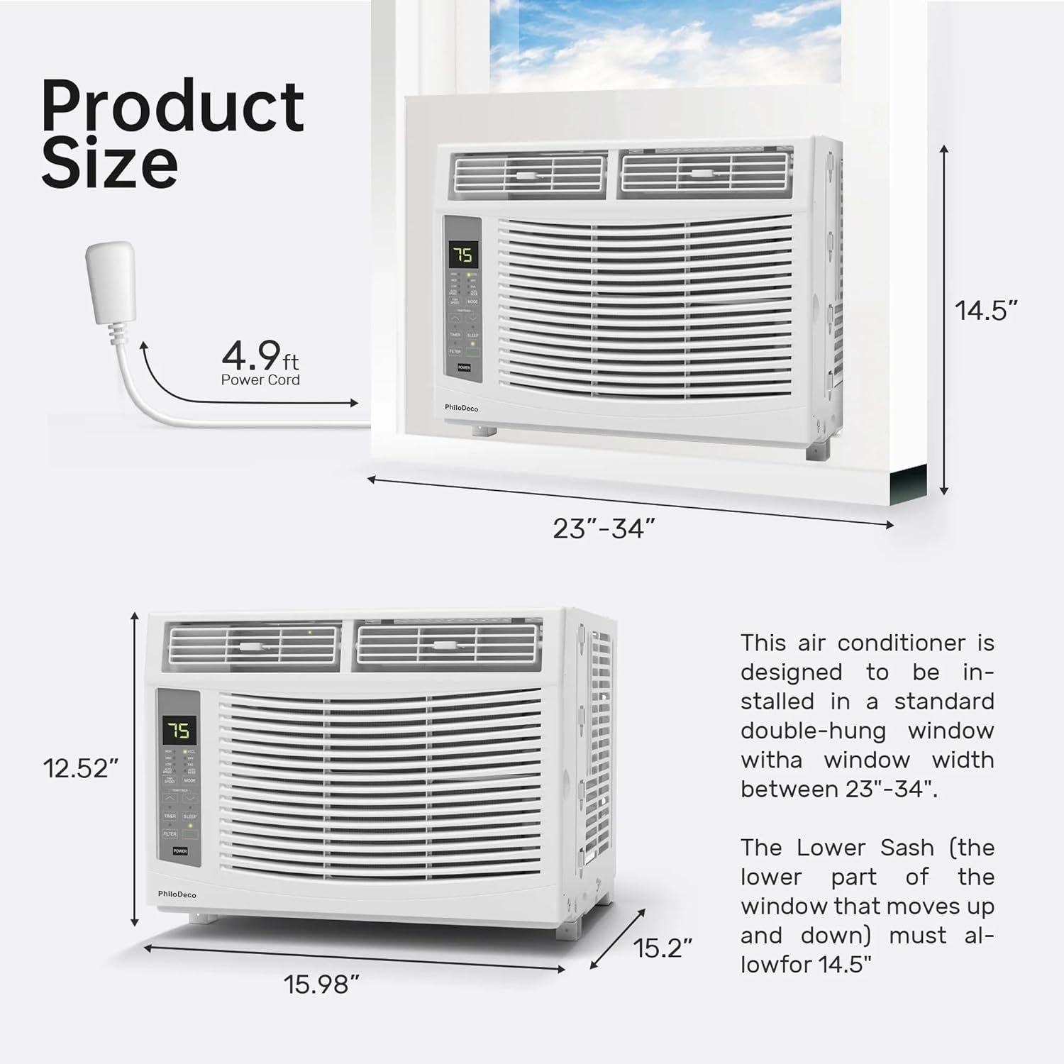 PhiloDeco 6000 BTU Window Air Conditioner Dimensions