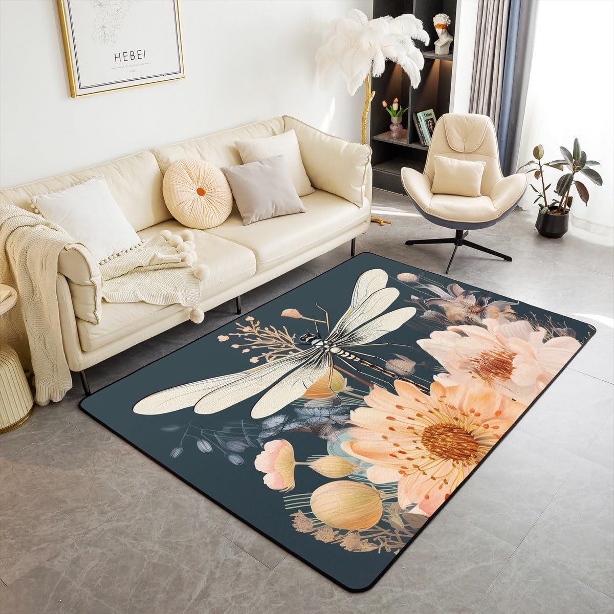 Rustic Dragonfly Mat Rug for Living Room Bedroom,Blooming Flowers Soft Cozy Carpet Dark Green Decor Floor Mat Retro Dragonflies Room Decorative Rug,3x5