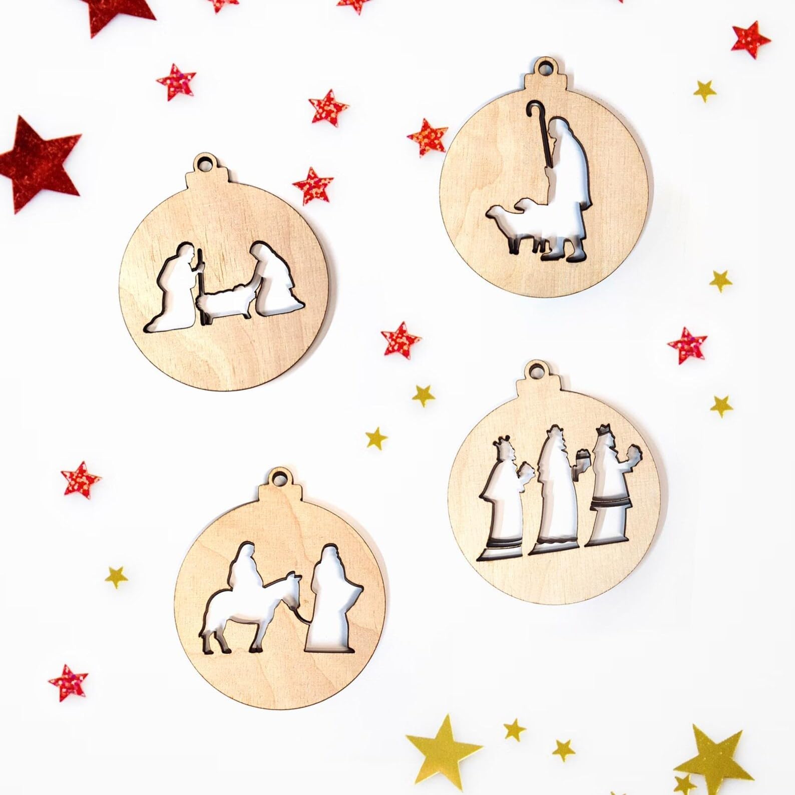 Curious Button Pack of 4 Nativity Baubles | Wooden Xmas Tree Ornaments | Religious Xmas Decorations | 4 Inch | Christian Xmas Hanging Decor | Xmas Decorations | Xmas Hanging Decor 2
