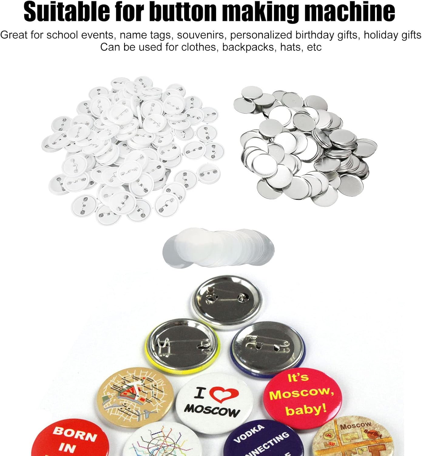 100 Sets Blank Button Making Supplies, DIY Pin Back Button Parts for Button Maker Machine Round Badge Pin Button, Includes Metal Cover, Plastic Button Back Cover, Clear Film(44mm/50mm)(44mm / 1.7in)