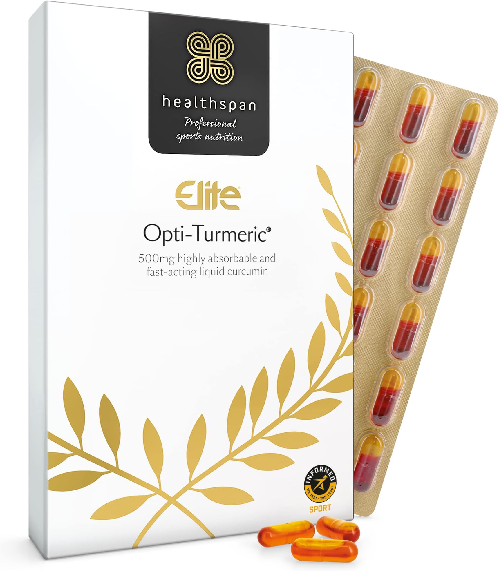 Healthspan Elite Opti-Turmeric 500mg (120 Capsules) | for Healthy Joint Function | 500mg Liquid Curcumin | Added Vitamin C to Support Collagen Formation | Informed Sport Accredited | Vegan
