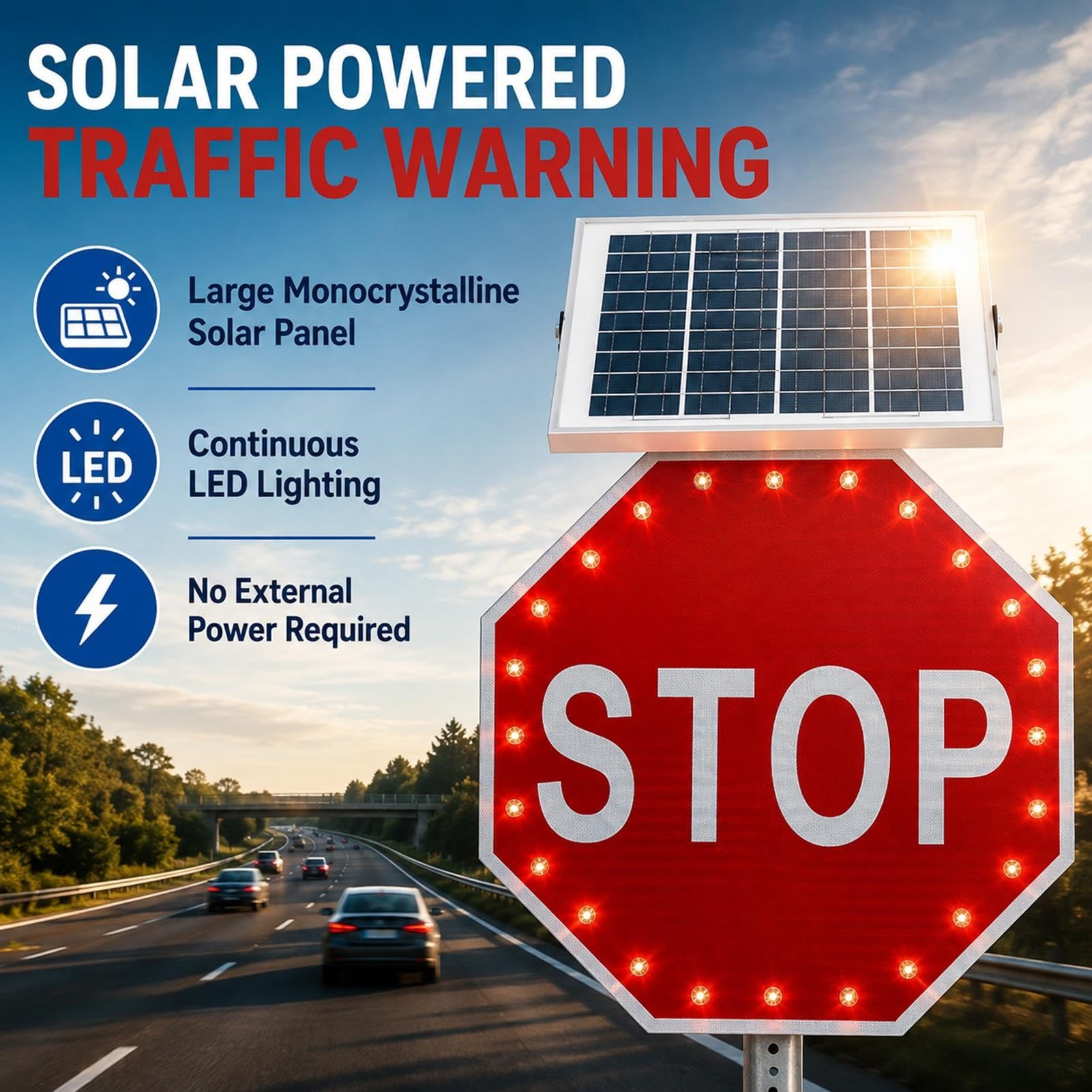 LED Verkehrszeichen STOP,Solarbetrieben,Aluminium,IP65,762 mm
