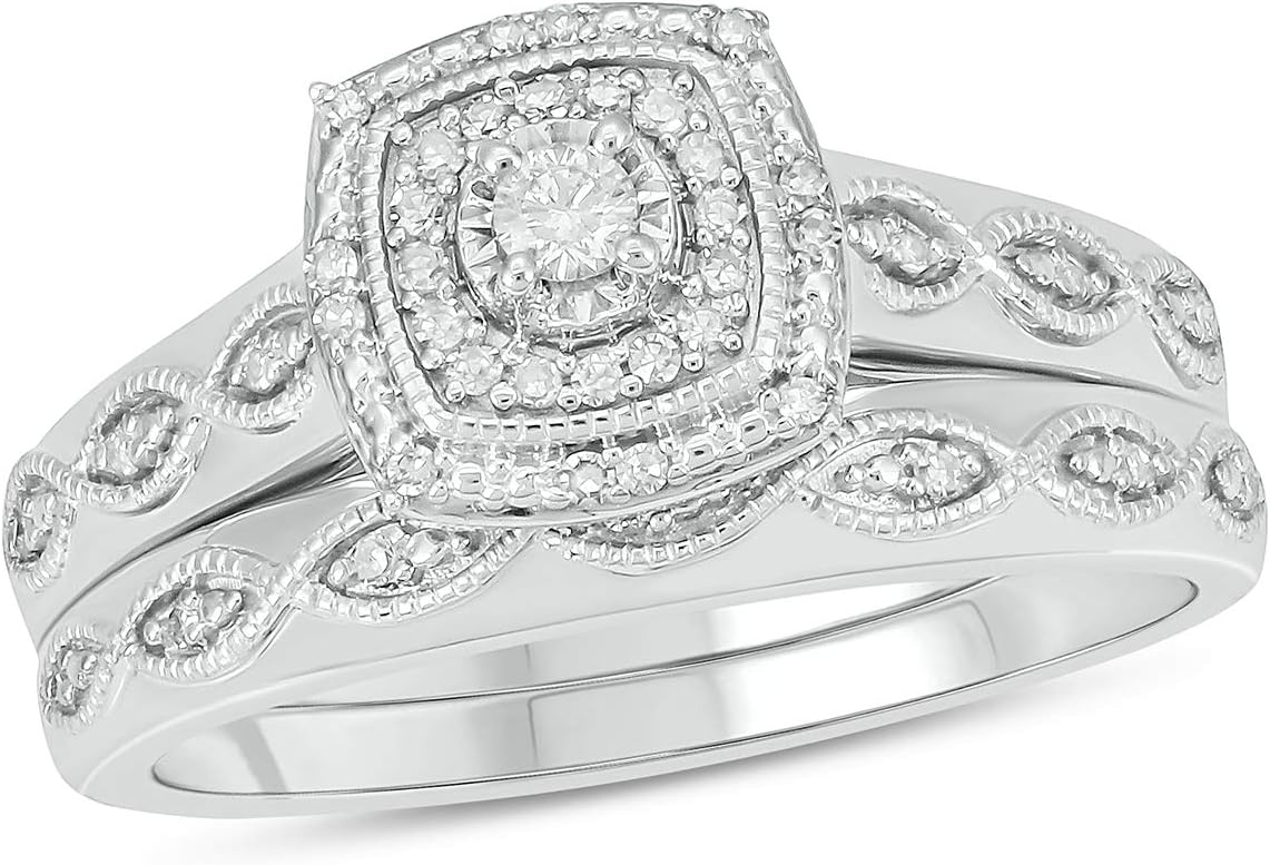 Cali Trove 1/5 Ct Natural Diamonds Round Halo Engagement Ring | Vintage Milgrain Matching Band Set | 925 Sterling Silver Rings | Bridal Wedding Ring Set for Women | Diamond Gifts for Her