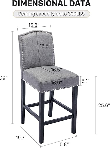 Miniatura 9 de KCC Juego de 2 taburetes de bar de 29 pulgadas, tapizados para islas de cocina, borde de cabeza de clavos, color gris