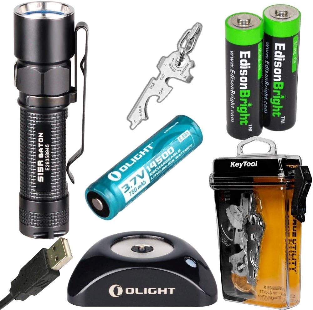 Olight S15R Baton rechargeable XM-L 280 Lumens LED Flashlight EDC with True Utility TU247 KeyTool, type 14500 Li-ion battery, charging base and two EdisonBright AA alkaline back-up Batteries