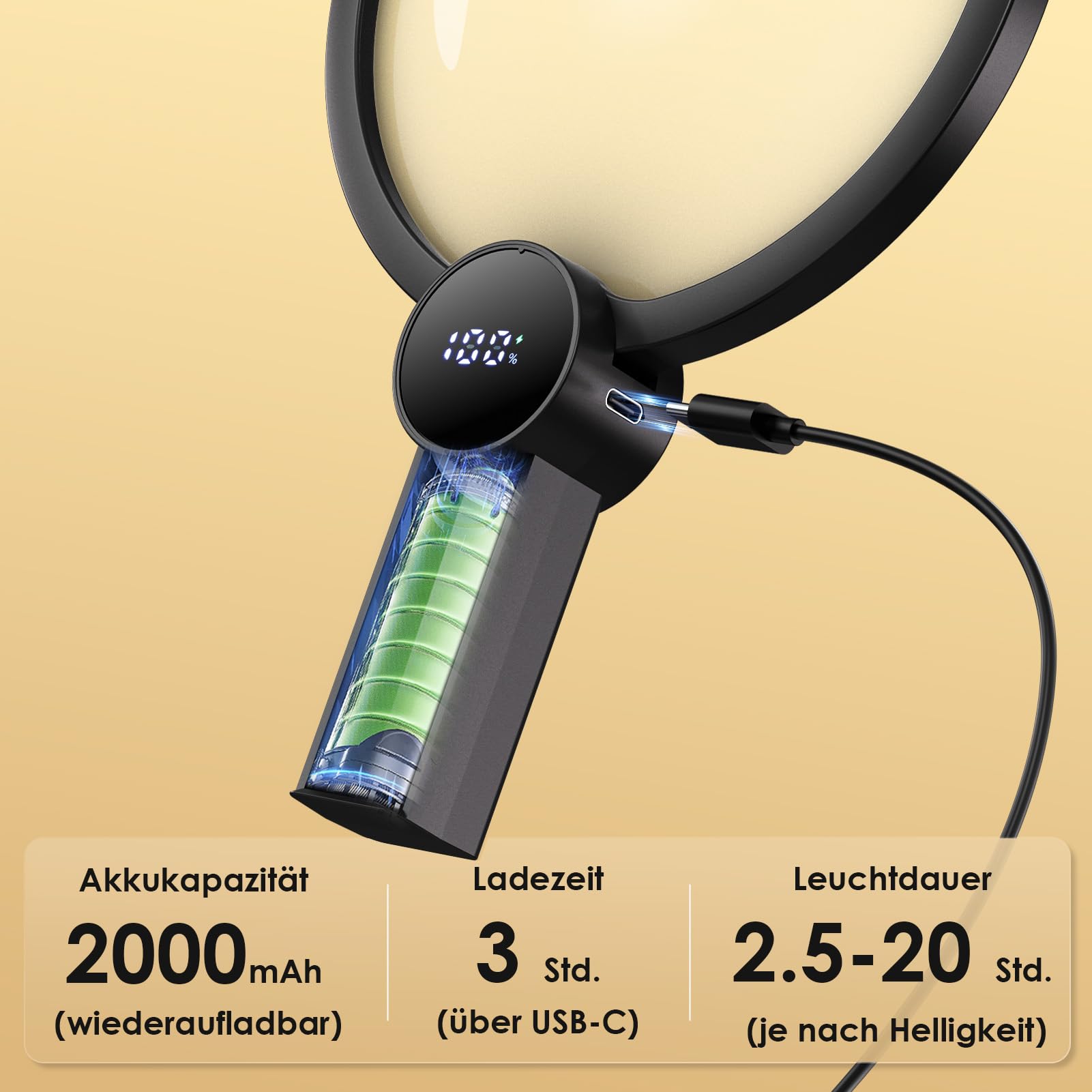 Wederaufladbare Lupe mit Licht 5X, 48 LEDs große Leselupe als Umhänge-, Tisch- & Handlupe, 3 Lichtmodi & stufenlos dimmbar, Akkuanzeige für Senioren zum Lesen, Stricken, Häkeln und Nähen