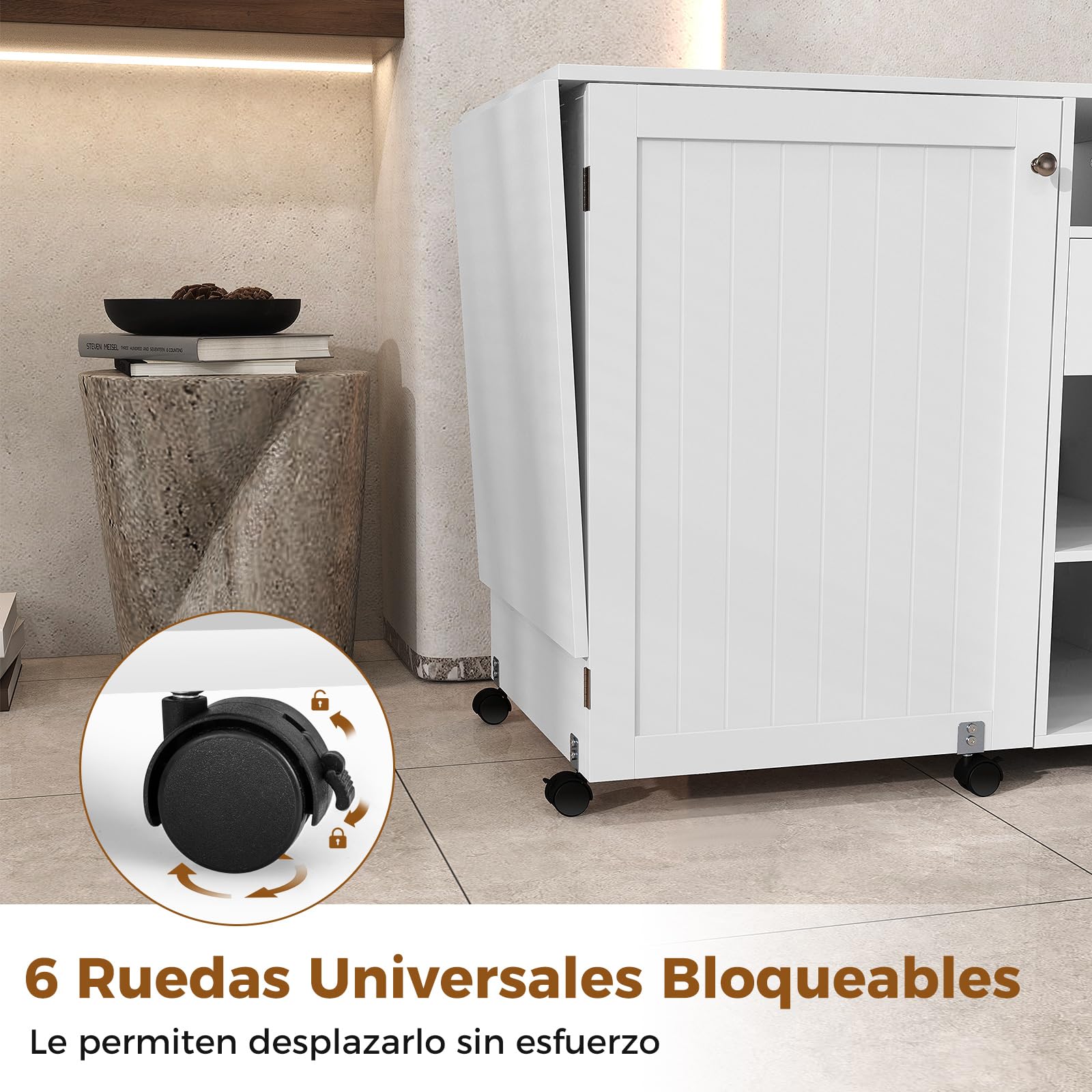 COSTWAY Armarios de Costura, Mesa Plegable de Costura Multifuncional con 3 Estantes de Almacenamiento, 18 Ganchos y 2 Soportes para Hilos, Mesa de Trabajo de Costura Portátil con 6 Ruedas Bloqueables