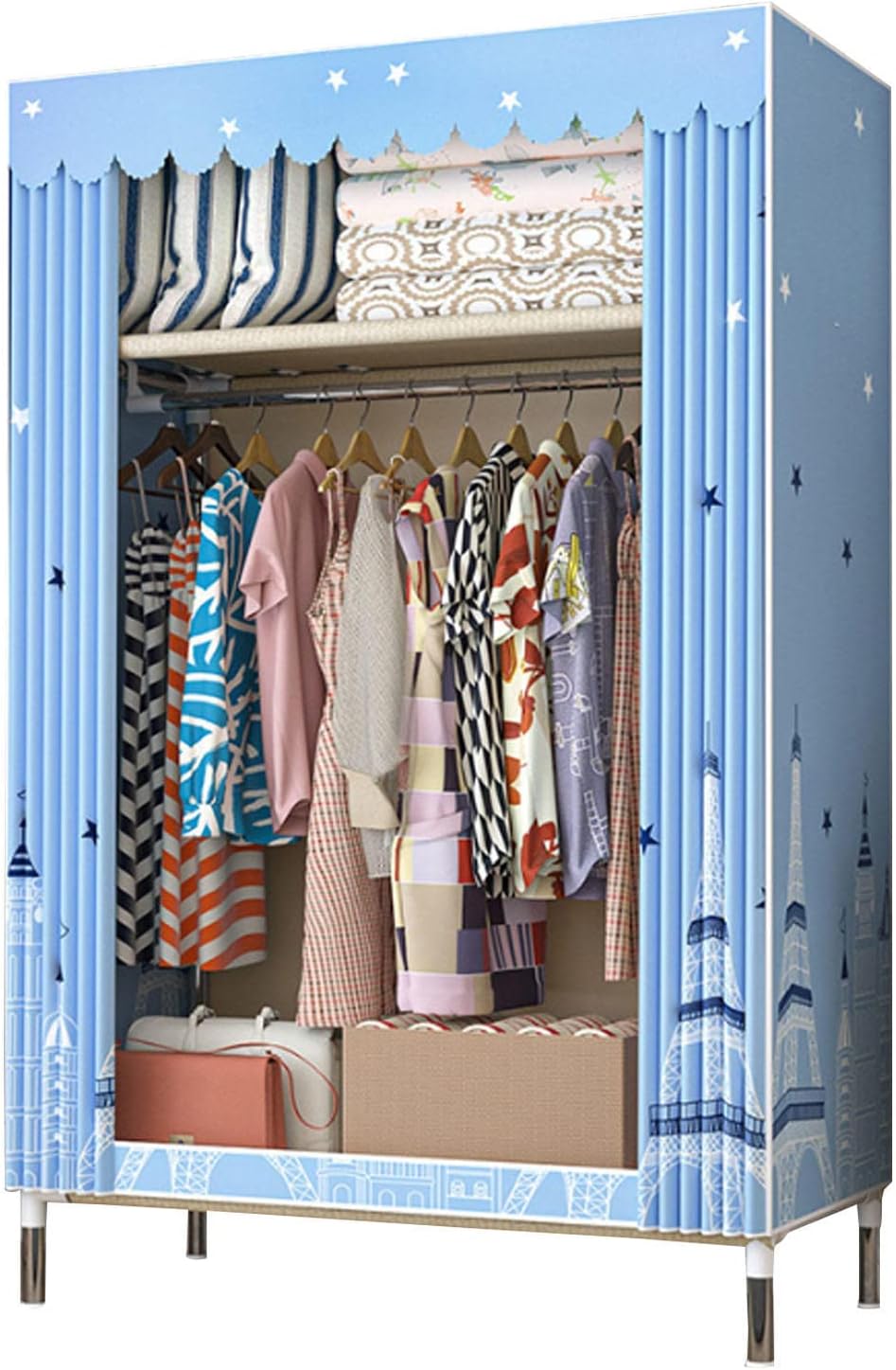 Canvas Wardrobe, Large Fabric Clothes Closet Storage Organizer with Hanging Rail,Shelves, Folding Portable Closet for Bedroom,B-64X45X172cm