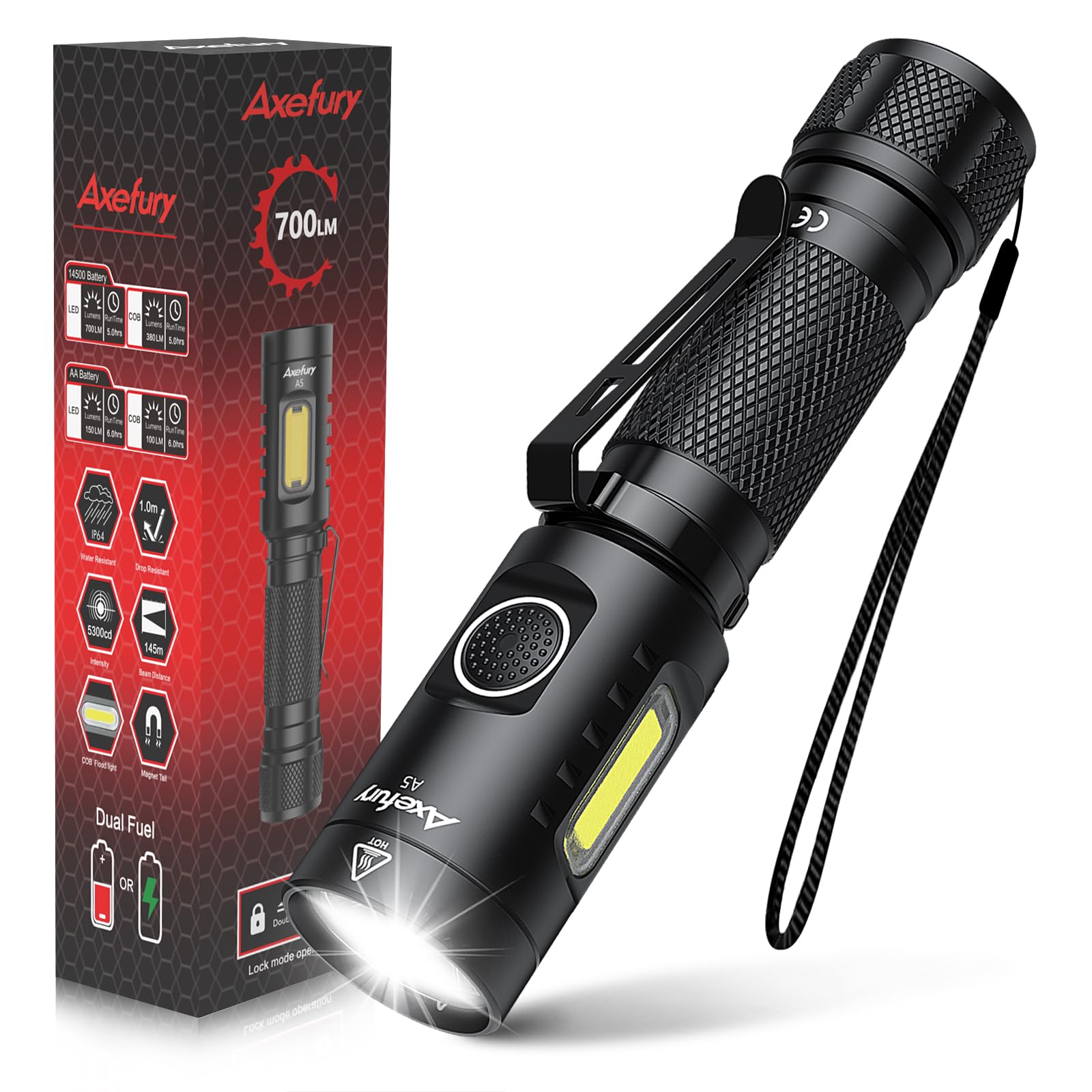 axefury Flashlight, Magnetic LED Flashlight,Small Powerful EDC Flashlight A5 with COB Side Light,700 lumens,6 Modes,2 Types Batteries,Waterproof for