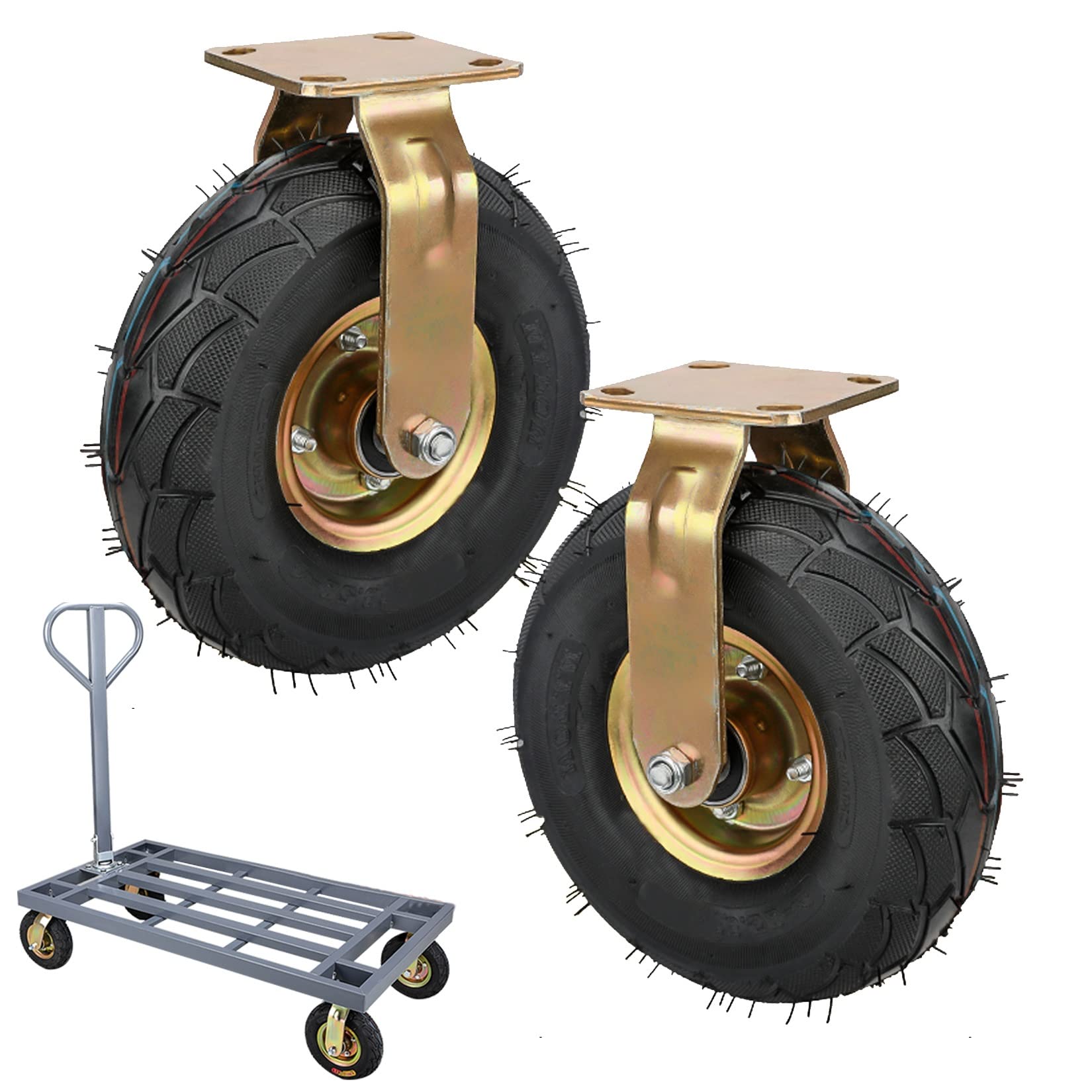 Lot de 2 roues pivotantes industrielles de 20,3 cm et 25,4 cm avec freins latéraux, roue pivotante pneumatique fixe, double roulement à billes, mouvement silencieux