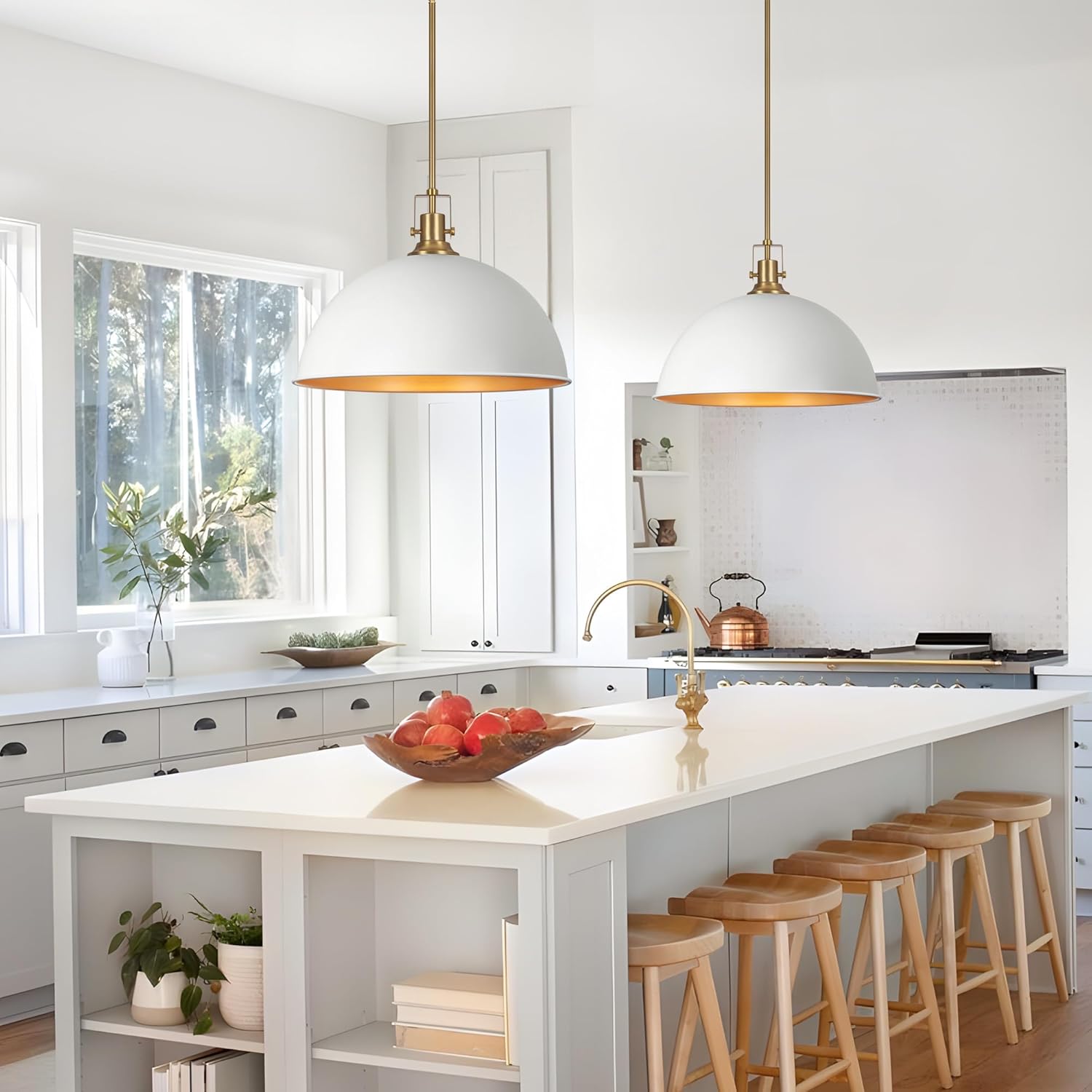 17.7 Inch Large Dome Pendant Light, 1-Light White and Gold Pendant Lighting All Metal, Modern Single Ceiling Hanging Light Fixtures for Kitchen Island Dining Room Over Table Hallway Entryway