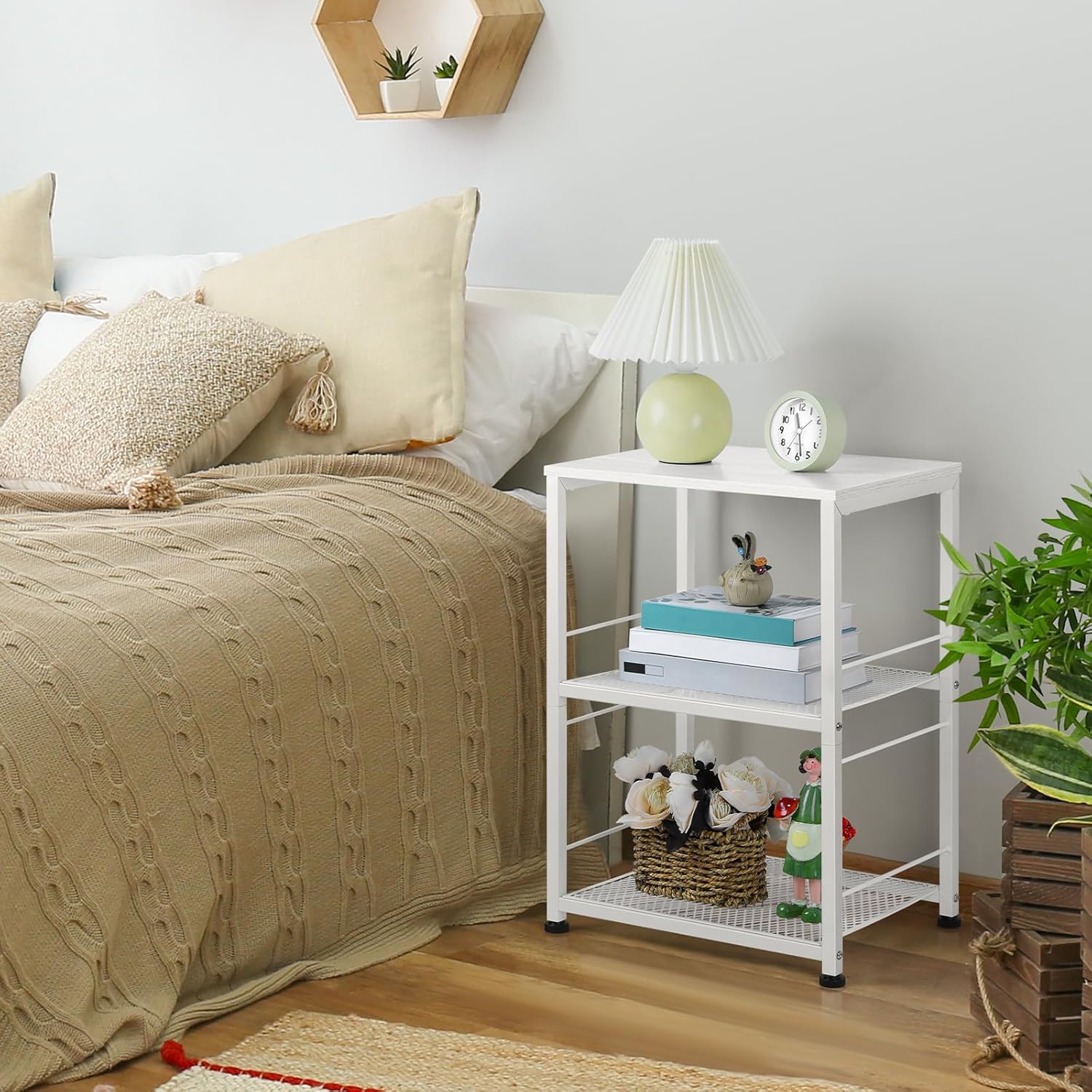 ETELI Side Table 3 Tier End Table Small with Wheels Rolling End Side Table with Storage Shelves White Night Stand for Kitchen Bedroom Bathroom Office Living Room