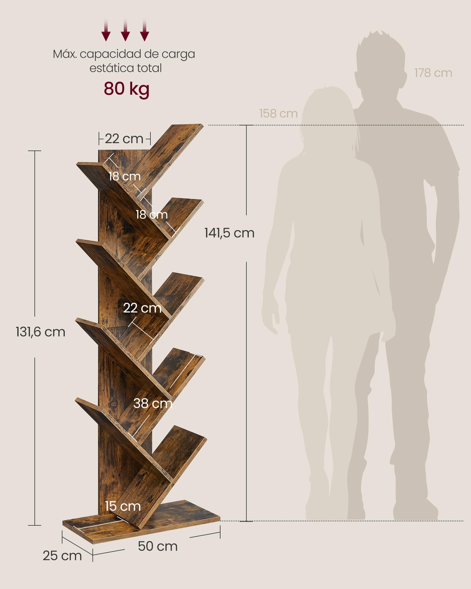 VASAGLE Librería en Forma de Árbol, Biblioteca de 9 Niveles, Ahorro de Espacio, Estantería Vertical, para Dormitorio, Sala de Estar, Estudio, Oficina, Marrón Rústico LBC11BX