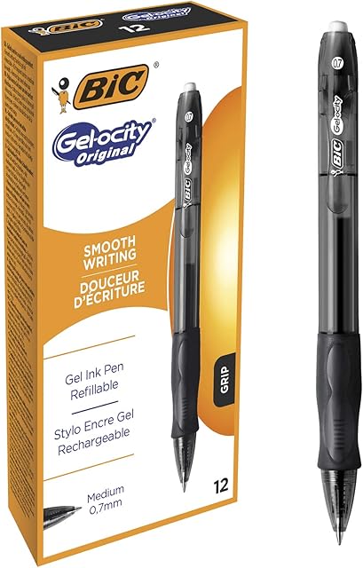 BIC Gel-ocity Original, Gel Ink Pens, With a Soft Grip, Seamless Smooth Writing, in Black, Medium: 0.7mm, Pack of 12