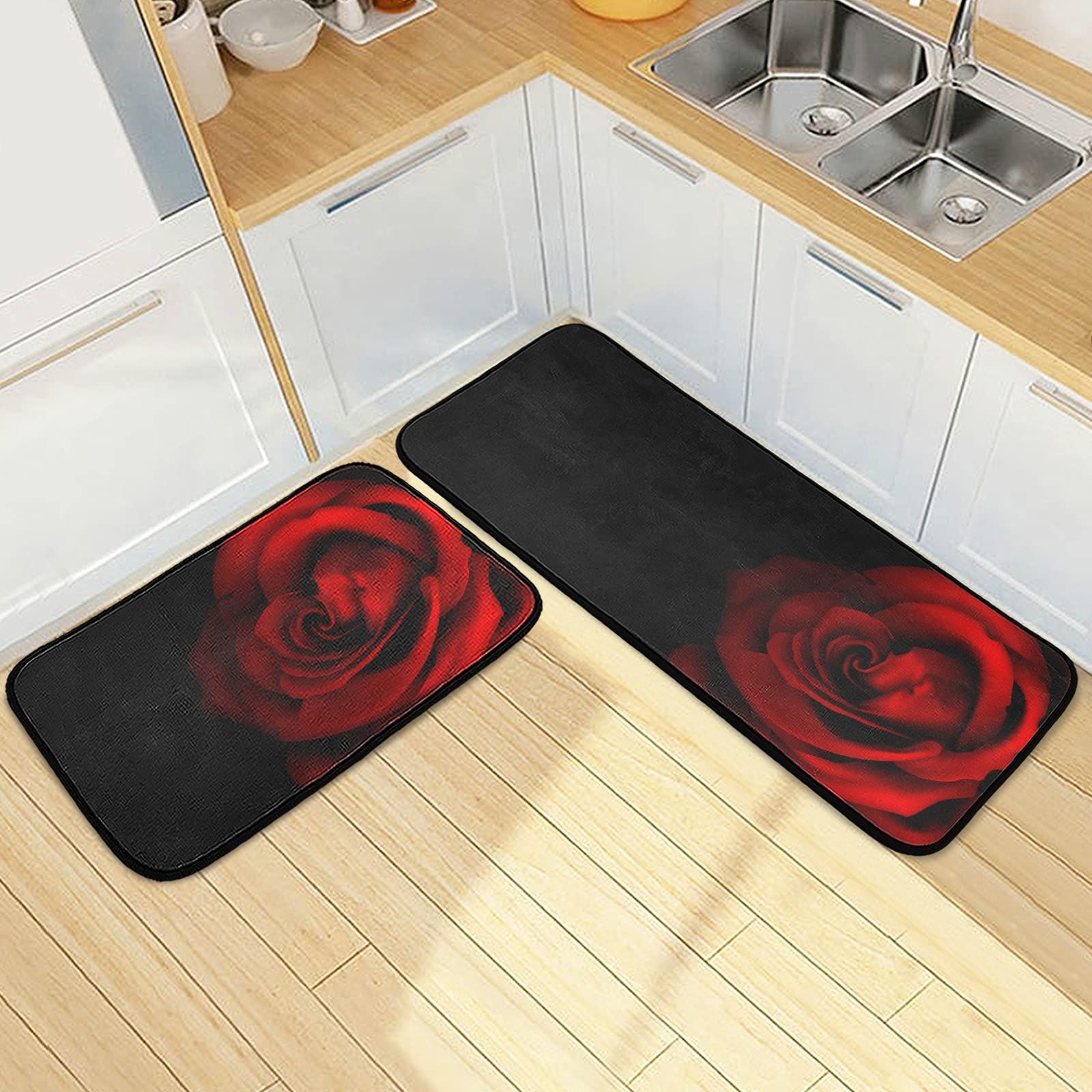 Photo 1 of ALAZA Red Rose Kitchen Rug Set, 2 Pieces