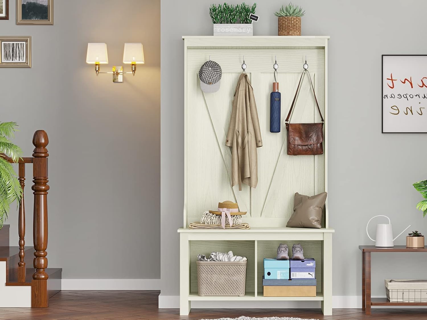 Itaar Hall Tree with Storage Bench, Entryway Bench with Coat Rack, Shoe Storage, Hall Tree with Bench and Storage Cabinet, White