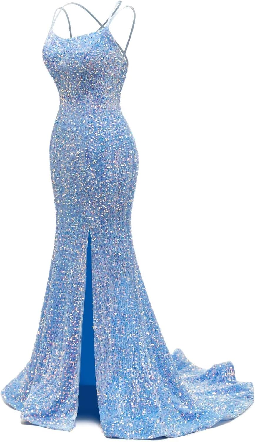 Mermaid Sequin Prom Dresses for Women 2026 Sparkly Spaghetti Straps Long Formal Evening Party Maxi Gowns with Slit