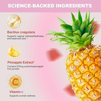Feminine pH Balance Gummies, Vaginal Probiotics, Pineapple Gummy for Women, Healthy Odor, Flora and Immune Support, Vegan Hawaiian Pineapple, 60 Count