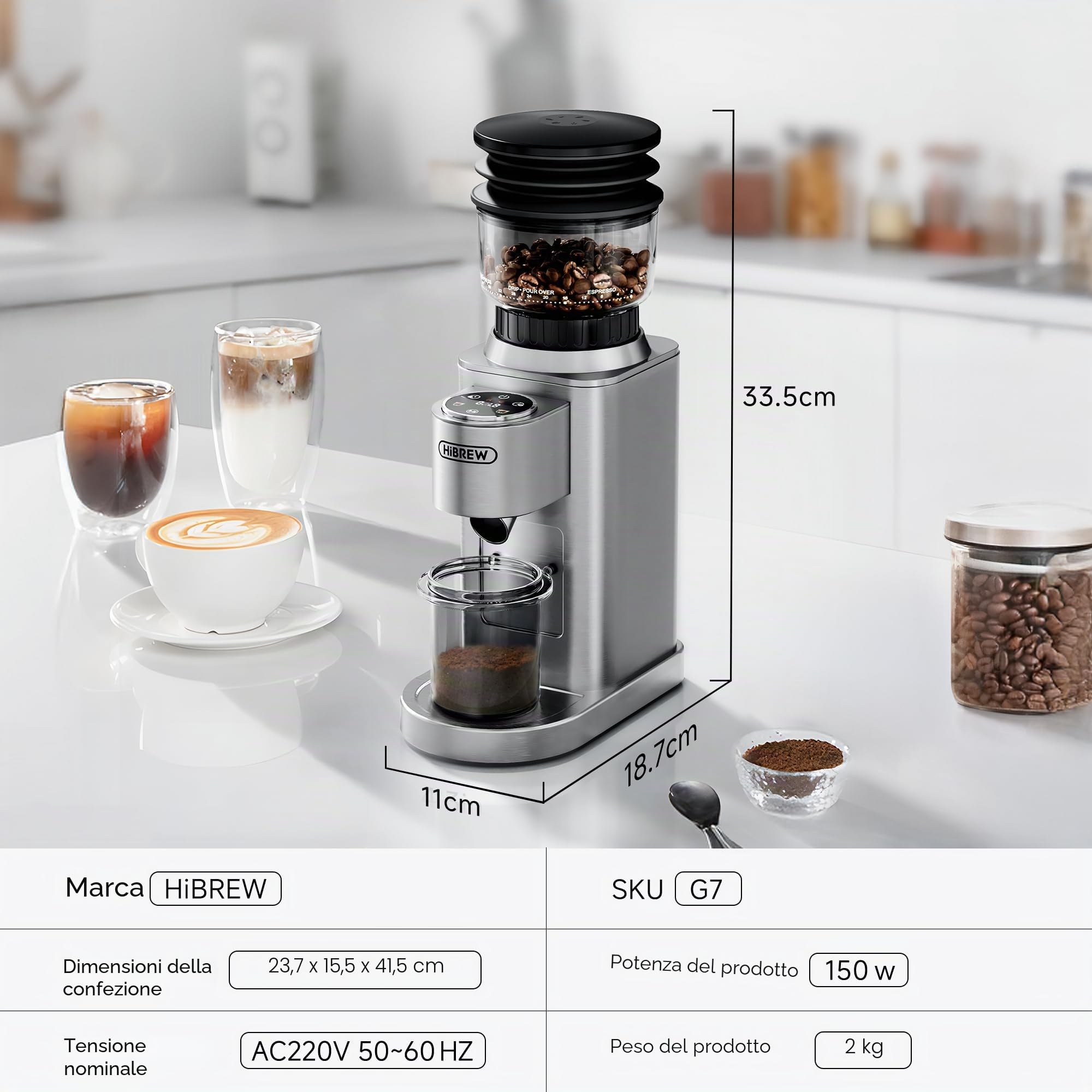 HIBREW G7-48 - Macinacaffè elettrico con impostazioni precise per espresso/filtro/caffè, controllo porzioni e macinacaffè antistatico, conico per caffè appena macinato