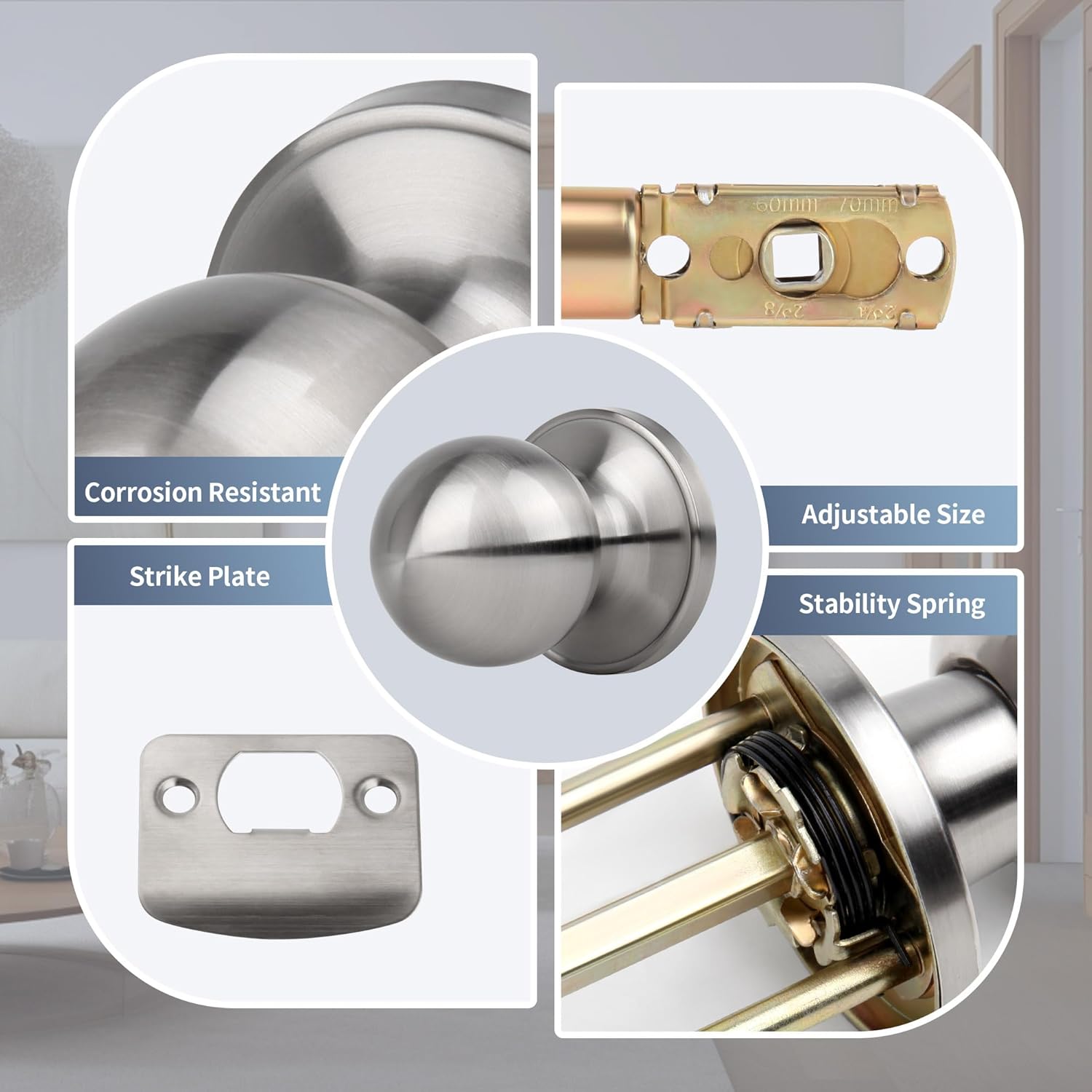 Moquin Passage Door Knob Without Lock or Key, Non-Locking Interior Round Ball Door Knob for Hallway or Closet, Satin Nickel