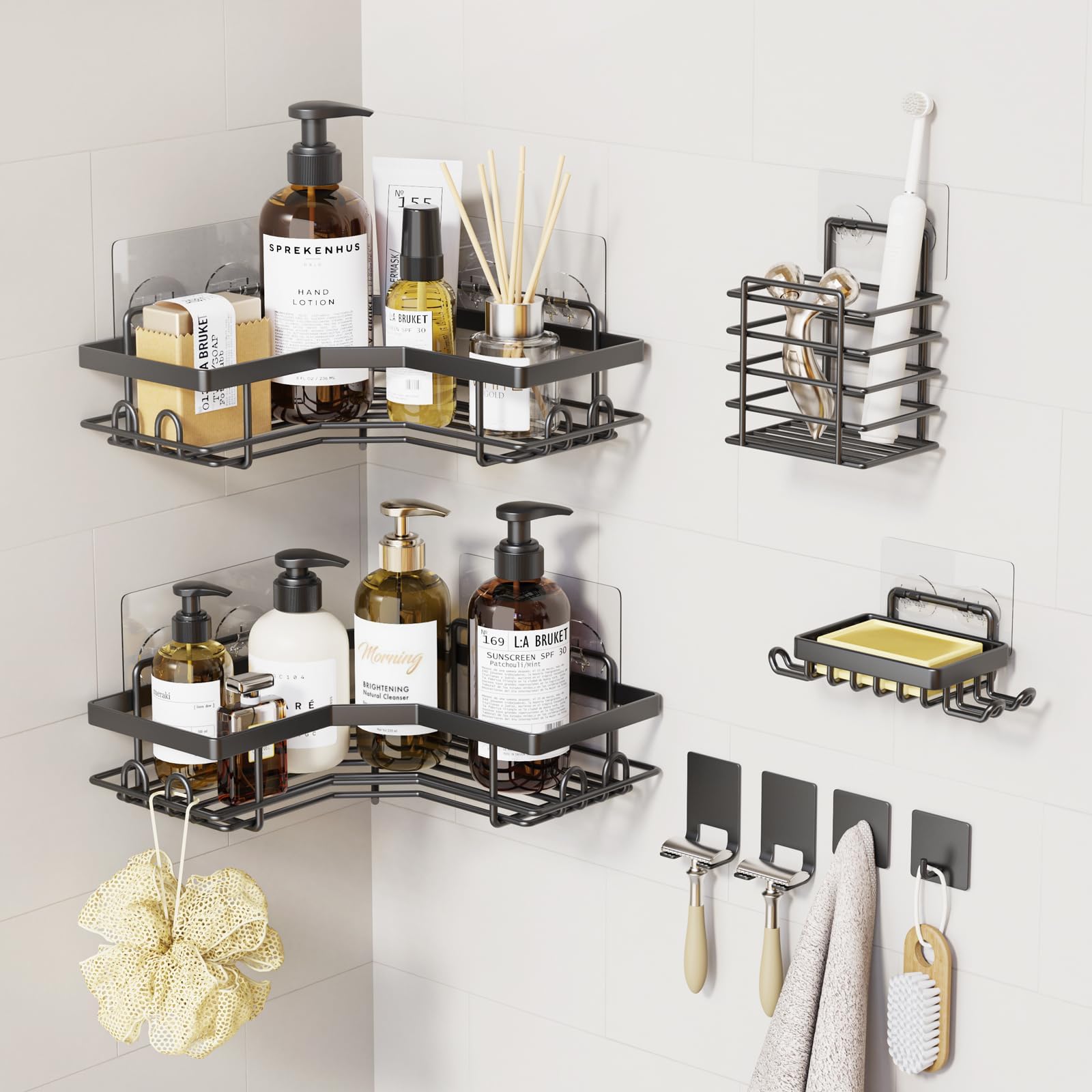 Corner Shower Caddy Adhesive，8 Pack Shower Organizer Corner with Soap Holder and Toothbrush holder, Bathroom Shelves Rack Rustproof Stainless Steel, Large Capacity, No Drilling Shelves for Storage
