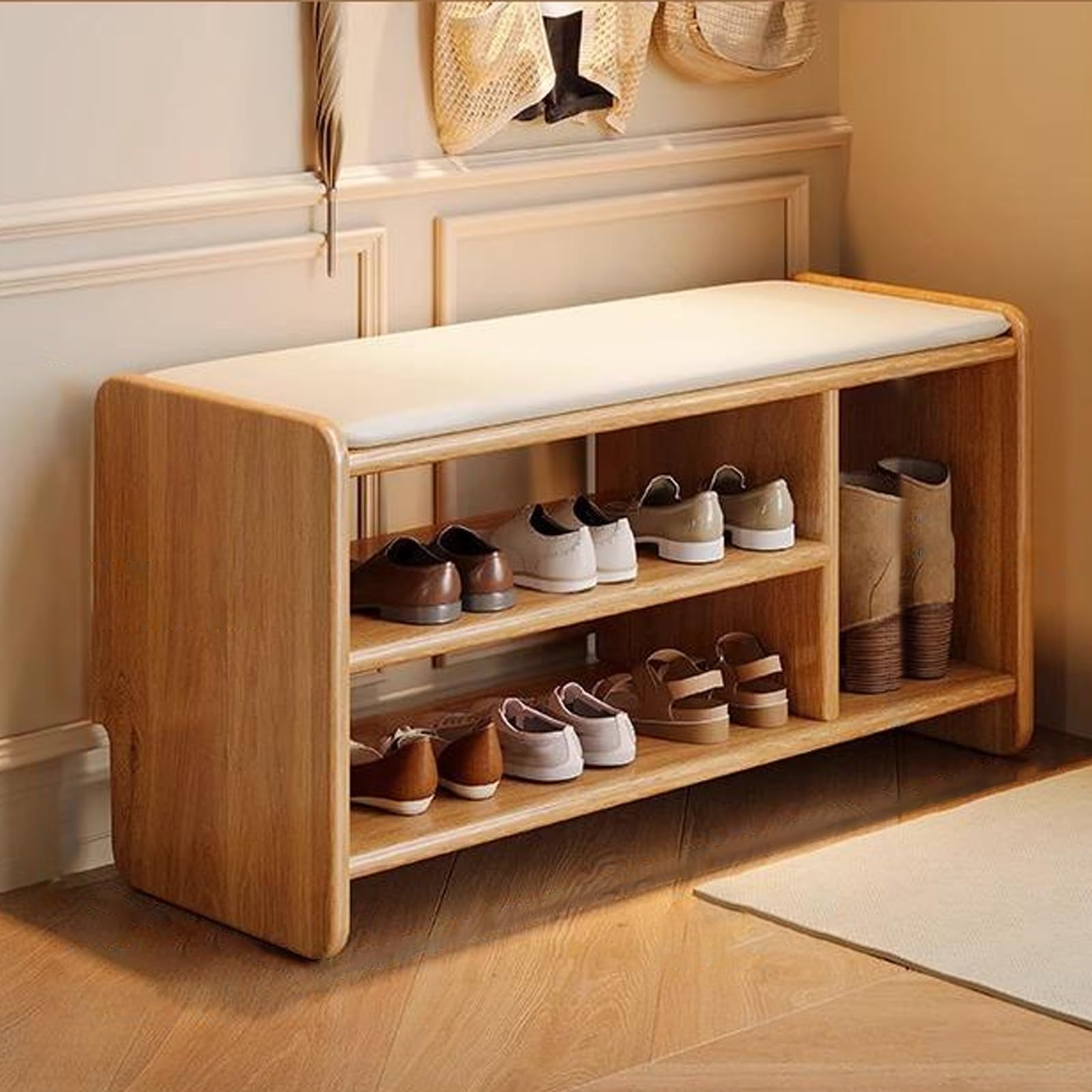 Banc à chaussures haut de gamme en bois massif véritable et assise chic