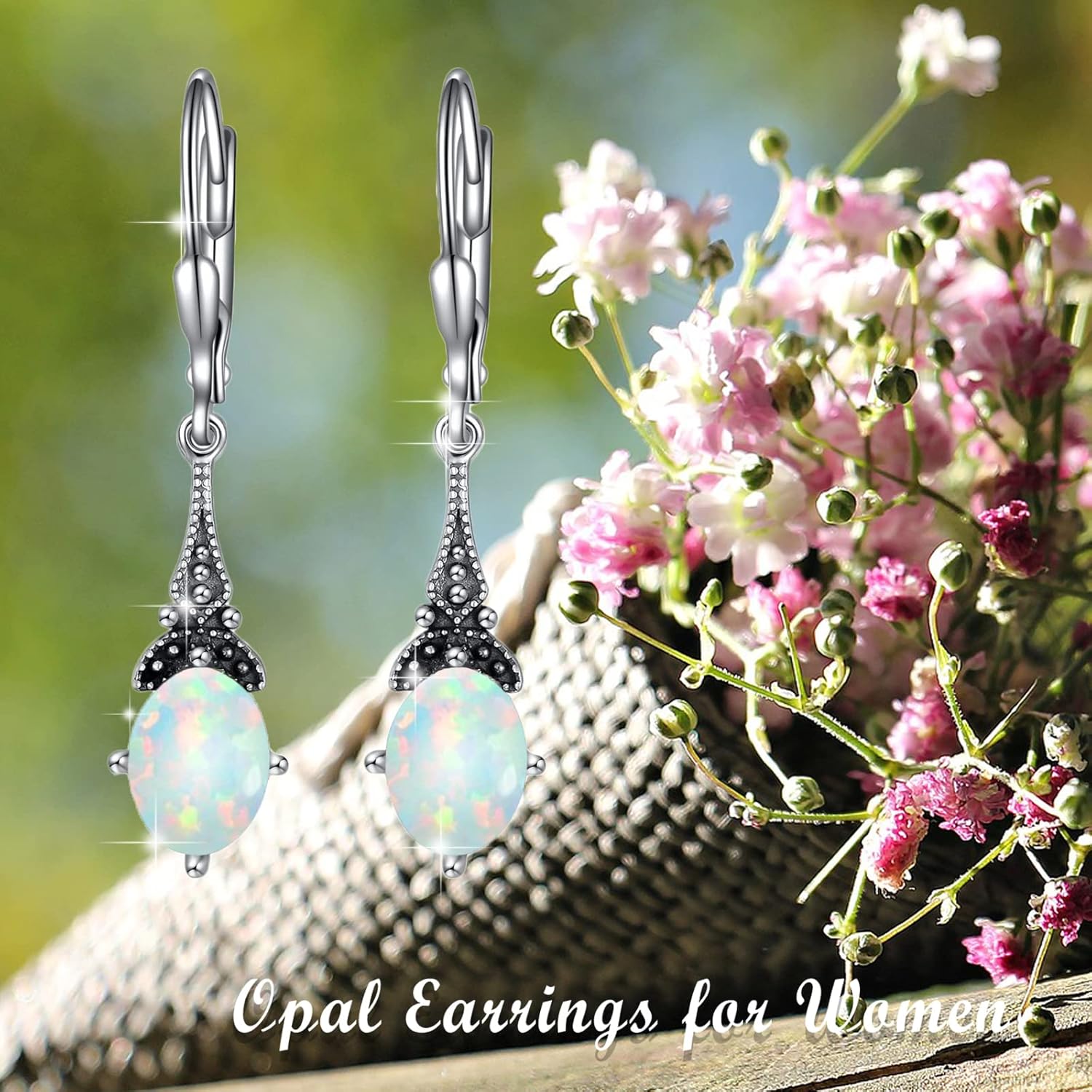 AOBOCO Vintage Earrings for Women Sterling Silver Retro Drop Dangle Leverback Earrings with 8x6mm Oval Genuine or Simulated Birthstone Crystal from Austria, Anniversary Jewelry Gifts for Her (Gift Box) - Image 3