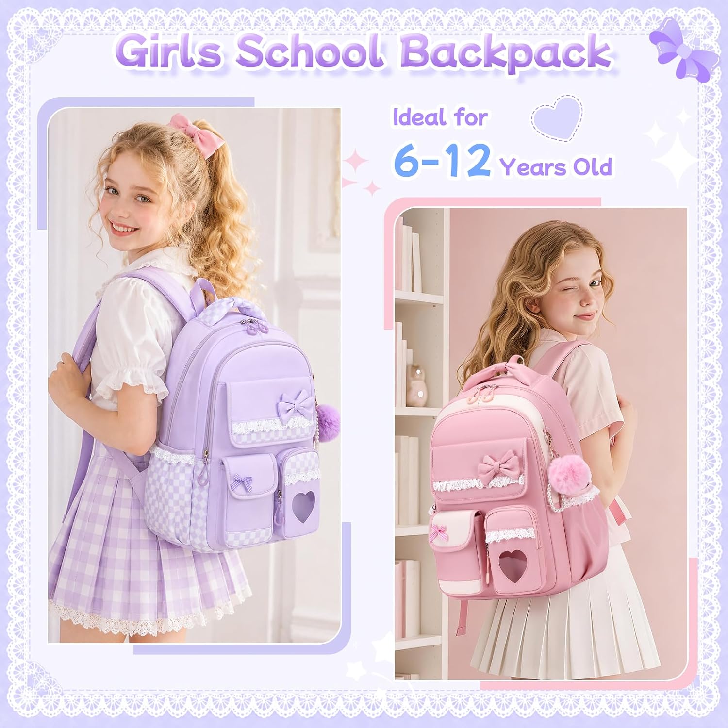 Girls Backpack, Kawaii Kids Backpack for Girls School Kids Bookbag with Pom-pom Pearl Pendant for Primary Elementary Middle School, Purple