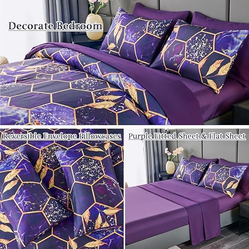 Miniatura 4 de ZRNBAST Juego de edredón de 7 piezas en una bolsa, tamaño Queen hexagonal morado, para mujeres y hombres, diseño geométrico de panal de abeja, juego