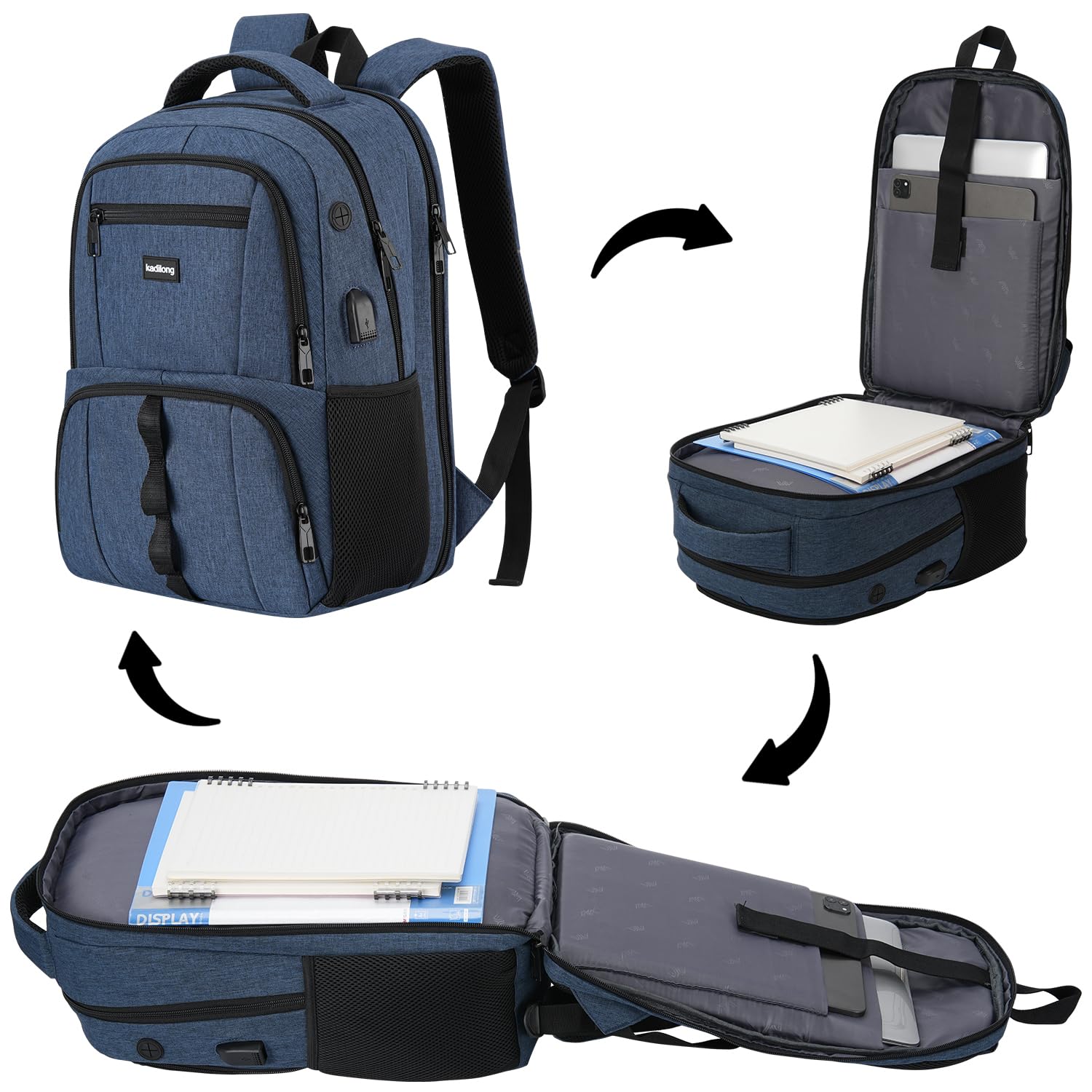kadilong Zaino per computer portatile da 17,3 pollici da uomo, antifurto, robusto, per ragazzi, adolescenti, studenti, liceo, università, zaino per computer, caricatore USB Mochila