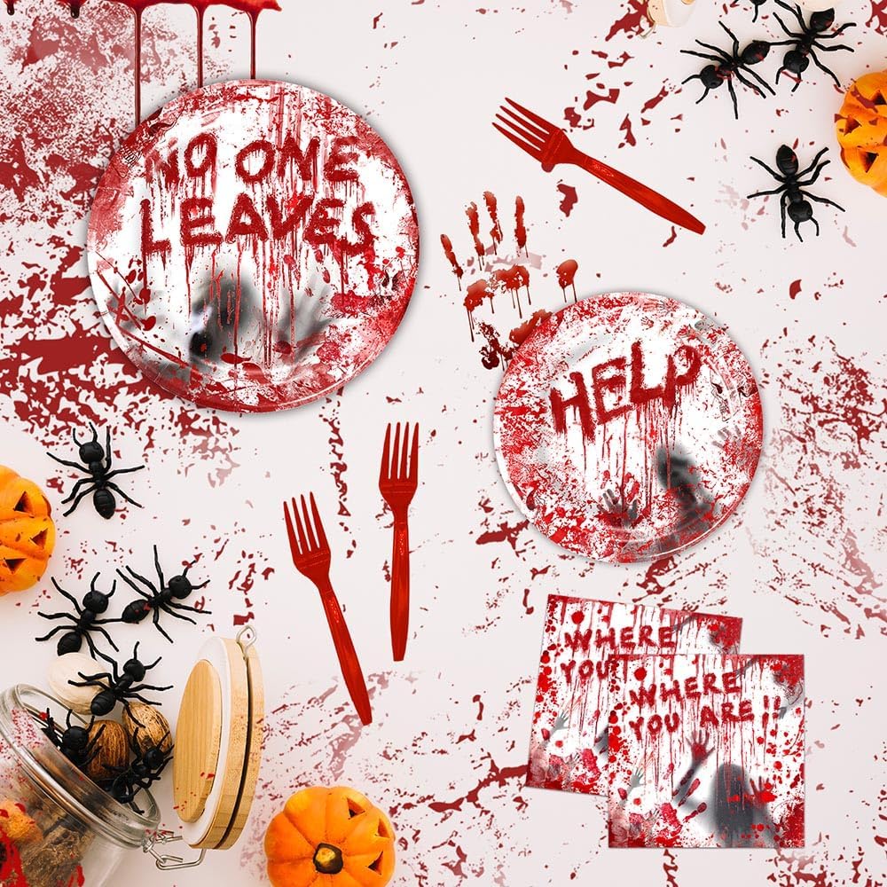 Halloween Horror Bloody Party Decorations for 24 Guests, 96 Pcs Scary Plates, Napkins, Forks Sets for Halloween Birthday Parties