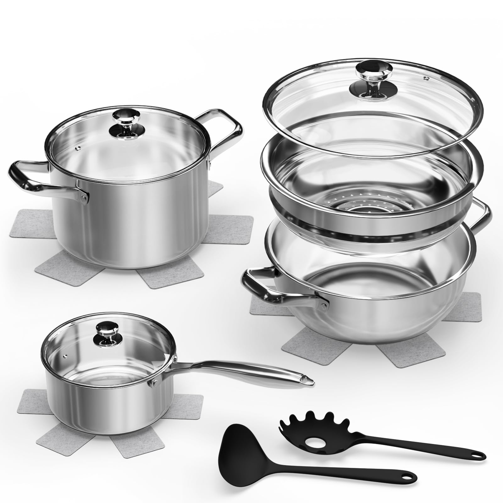 Pots and Pans Set,12-Piece Stainless Steel Cookware Set, Induction Ready Kitchen Cooking Set, Includes Saucepans, Stockpot, Steamer & Strainer Basket, Glass Lids, Dishwasher & Oven Safe