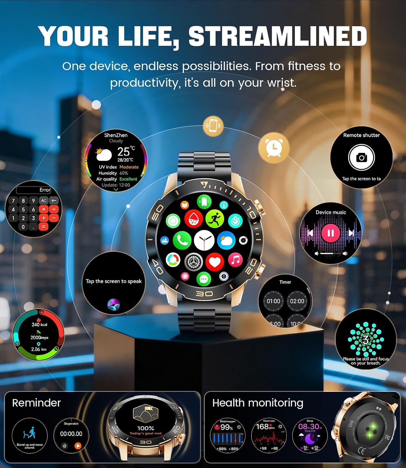 DREMAC Smart Watches for Men(40mm) for Android iPhone,Men's Smartwatch Amoled Display,IP68 Waterproof Fitness Watch with Heart Rate/Blood Pressure/SpO2/Sleep Monitor,100+ Sport Modes,Rose Black