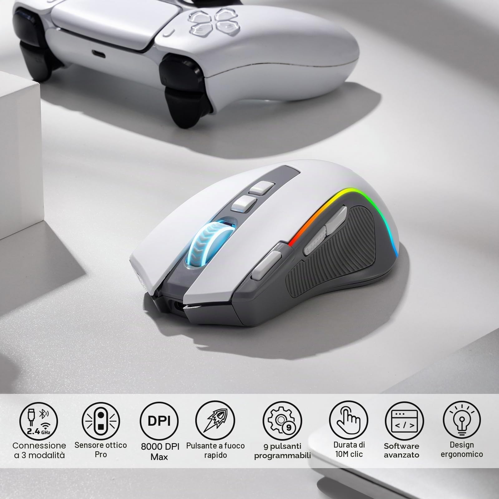 Redragon M612 PRO Mouse Gioco Wireless 8000 DPI 9 Tasti BT/2.4G