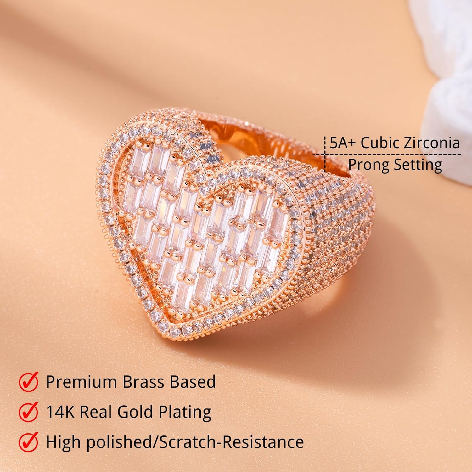 Lulu Mel Iced Out Baguette Cz Diamond Heart Ring Jewelry, All Match Bling Bling Dainty Gold Pinky Ring Party Rose Gold Love Women Luxury Jewelry - Image 3