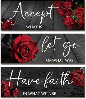 Sintuff 3 Pcs Red Bathroom Decor Inspirational Flower Wooden Signs Office Wall Decor with Accept Let Go Have Faith Positive Quotes for Girl Women Bedroom Bathroom Living Room Kitchen