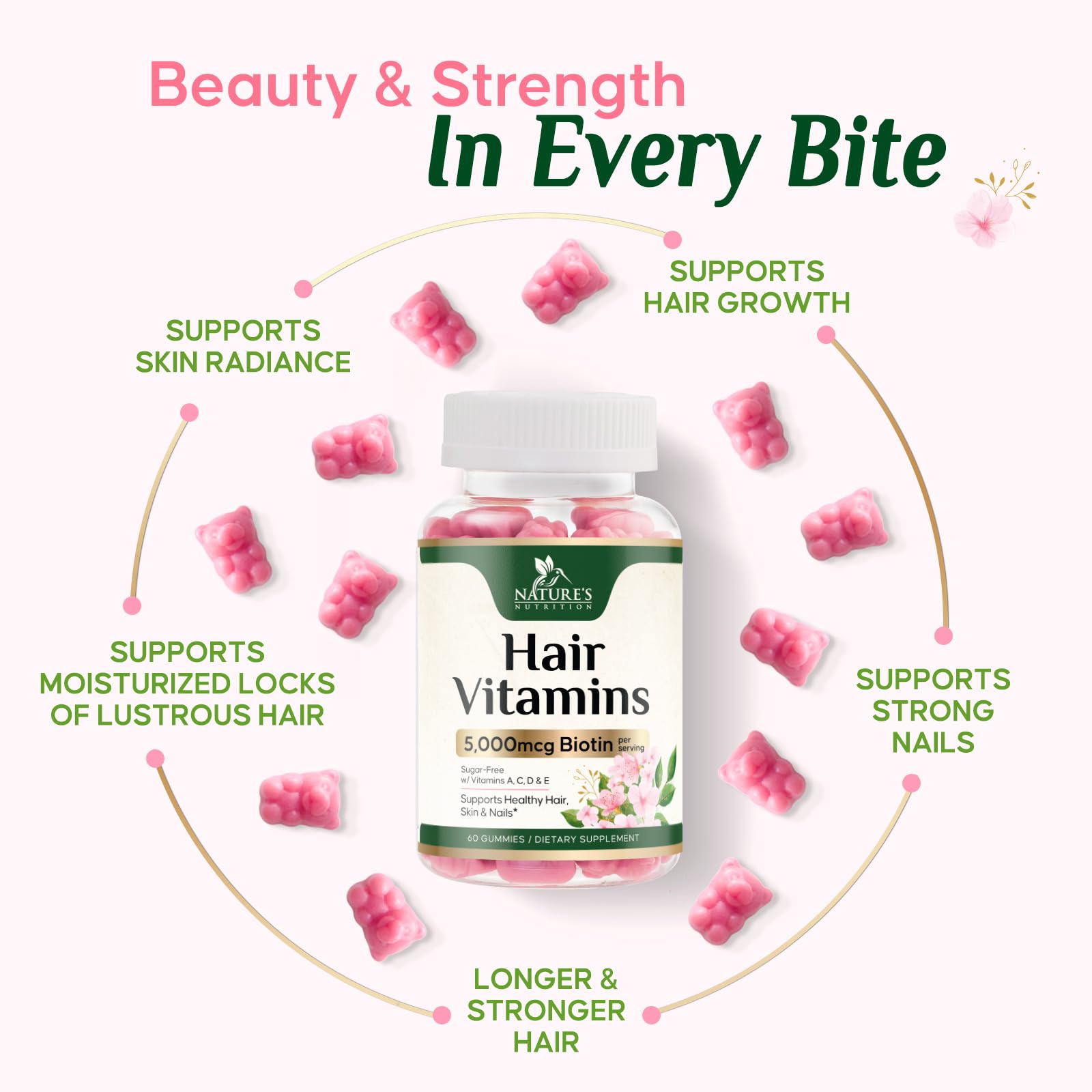 Hair Vitamins Gummies with Biotin 5000 mcg - Extra Strength Hair Growth Support Vitamin E & C - Stronger Radiant Hair, Skin & Nails Supplement - Hair Growth Support Gummy, Berry Flavor - 60 Gummies — Amazon image 5