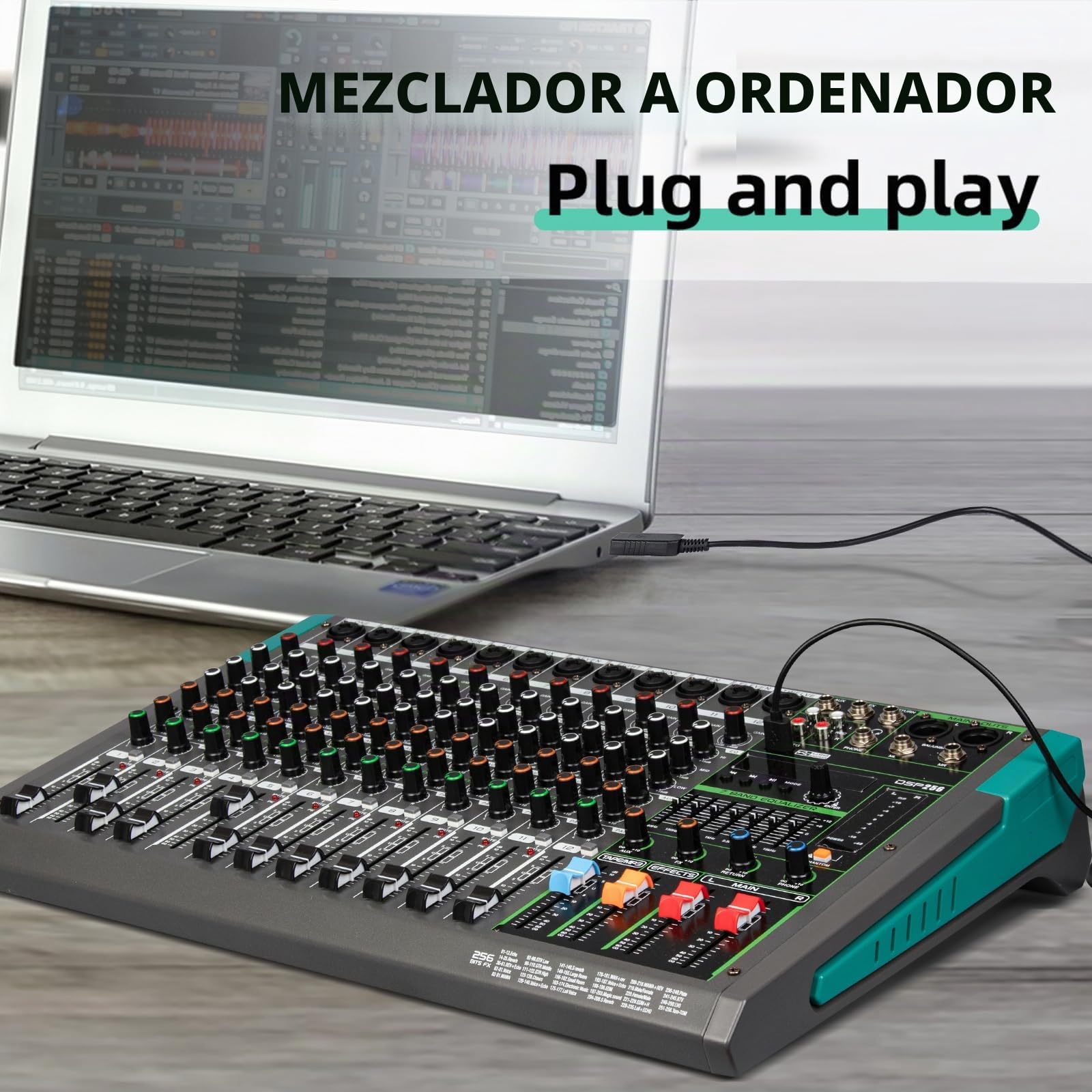 Depusheng PA12 Mezclador de audio profesional Consola Sistema de escritorio Interfaz 12 canales USB Bluetooth MP3 Entrada de computador 48V Phantom Power Incorporado 256 Efecto de reverberación