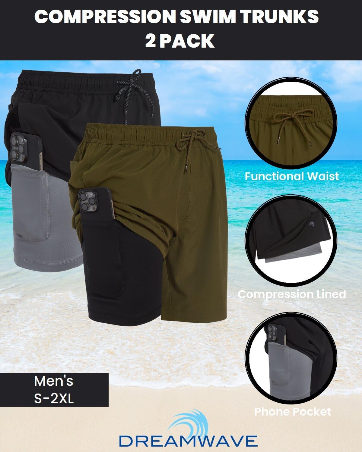 Dreamwave Mens 2 Pack Swim Trunks with Compression Liner Anti Chafing 7 inch Inseam Stretch Quick Dry Swim Shorts with Phone Pocket - Image 4