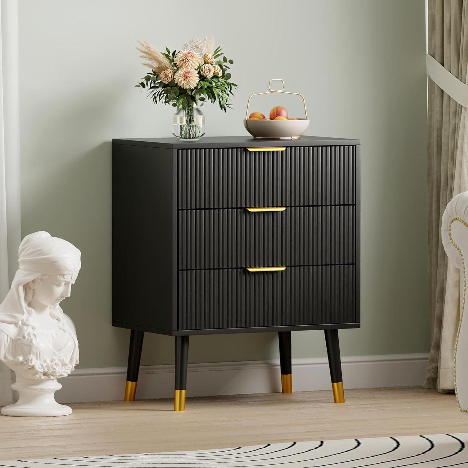 GarveeHome Fluted 3 Drawer Dresser Set of 2, Large Modern Nightstand Cabinet with Gold Metal Handles, End Table Wood Chest of Drawers for Bedroom, Living Room, Hallway- Black