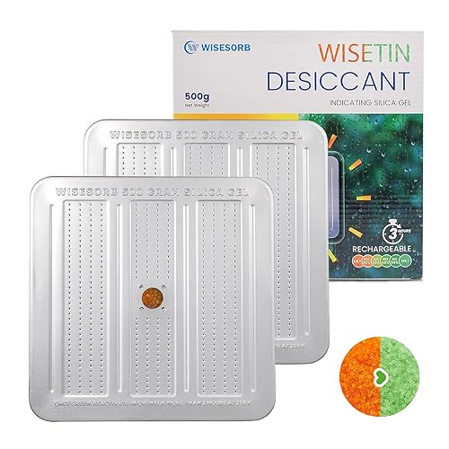 Wisesorb 2 botes desecantes de 17.64 oz, deshumidificador indicador y recargable seguro para pistola, recipiente desecante portátil, absorbente de