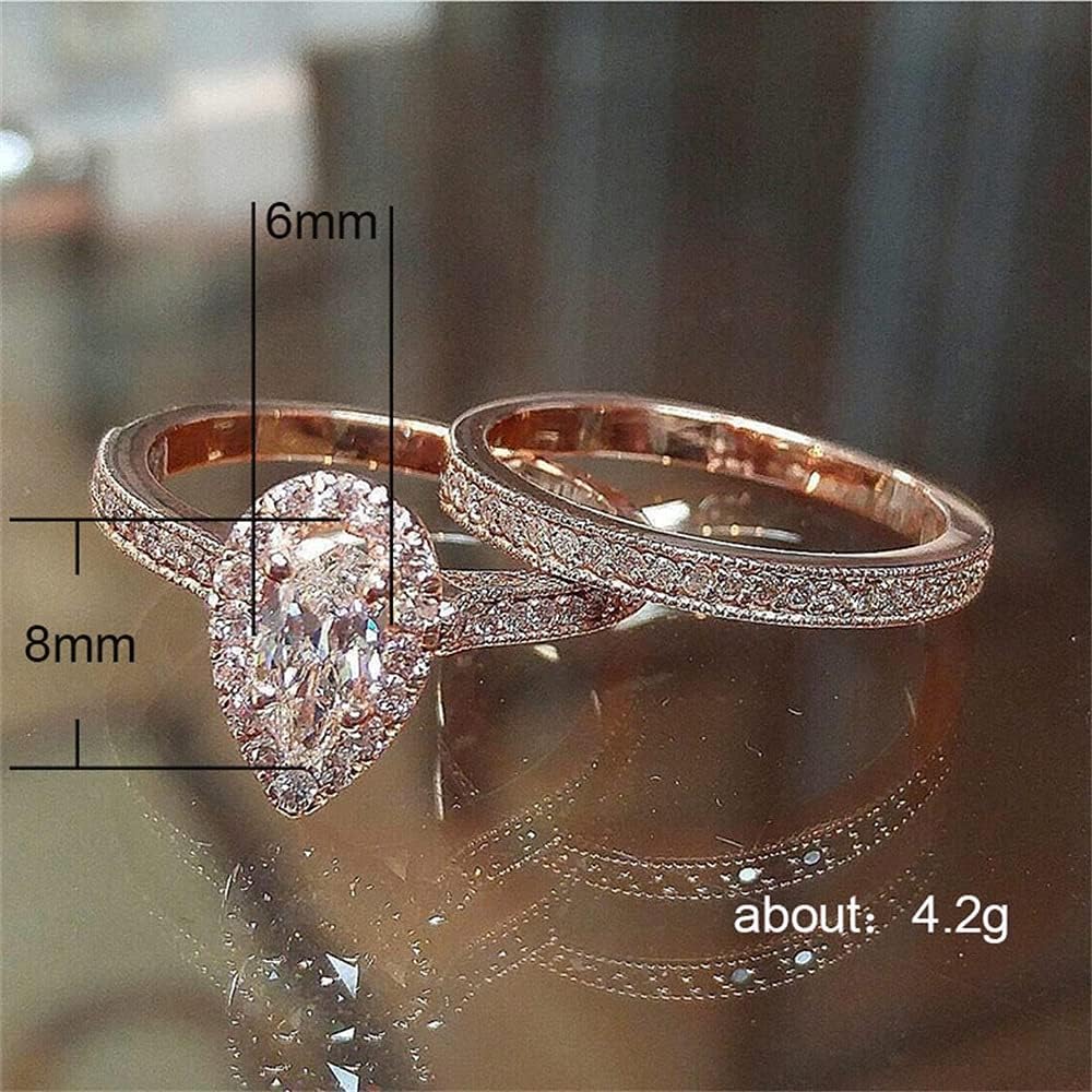 2 Pcs High Luxury Jewelry 18K Rose Gold Shiny Full Diamond AAA Pear Cut Teardrop Cubic Zirconia Solitaire Rings CZ Diamond Ring Set Eternity Engagement Wedding Band Set Promise Ring for Women (7) - Image 5