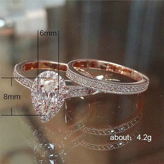 2 Pcs High Luxury Jewelry 18K Rose Gold Shiny Full Diamond AAA Pear Cut Teardrop Cubic Zirconia Solitaire Rings CZ Diamond Ring Set Eternity Engagement Wedding Band Set Promise Ring for Women (5)