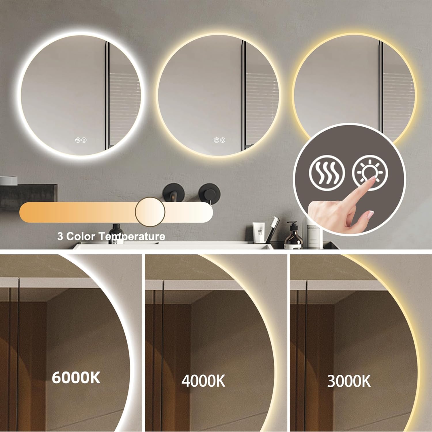 20 Inch Round LED Bathroom Mirror with Lights, Wall-Mounted Vanity Mirror, Anti-Fog, Dimmable 3-Color Lighting, Explosion-Proof Glass, Modern Makeup Mirror for Bathroom or Bedroom